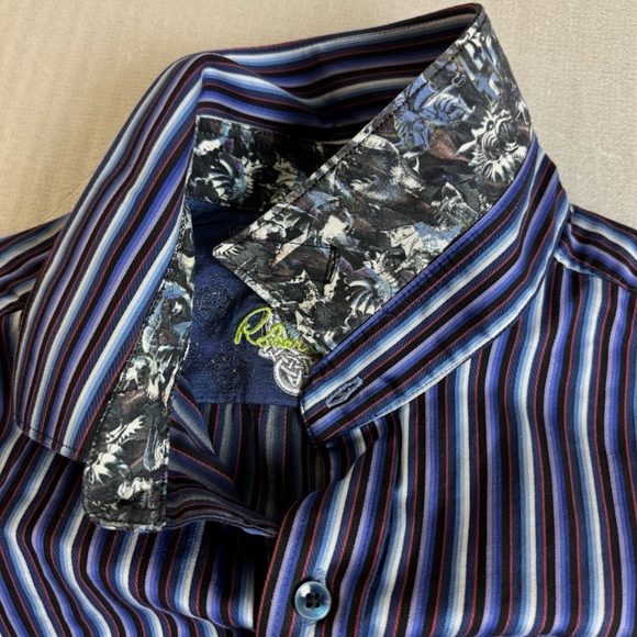 Robert Graham Rare Dragons Pattern Mens Shirt Size XL Purple Blue Flip Cuffs - Picture 6 of 13